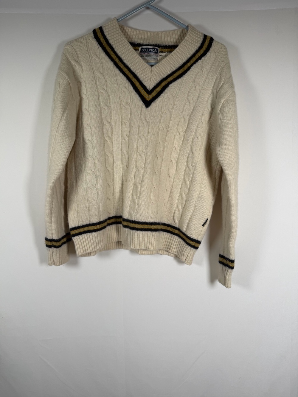 Vintage Cream Cable-Knit V-Neck Sweater Varsity Stripes and Letter Patch